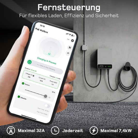 dé Wallbox 7,4kW mit App [6–32A, 1-phasig] mit Typ-2-Kabel 7,5 m, RFID & Halter, mit FI Typ B & IP54 – Ladestation für Model Y & andere BEV/PHEV, Weiß