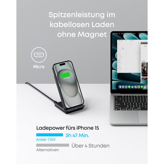 Anker 313 Induktive Ladestation, Qi-Zertifiziert, Geeignet für iPhone 17/16/15/15 Pro/15 Pro Max, SE (2020), XR,10W Schnellladefunktion für Galaxy S22 (Ohne Netzteil)