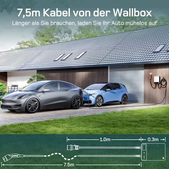 dé Wallbox 11kW mit APP, 7,5m Typ 2 Ladekabel mit Kabelhalter, 3-Phasen EV-Ladegerät (6-16A, 400V), für BEV/PHEV, RCD Typ-B & IP54-Schutz, effiziente Ladestation für Zuhause, weiß