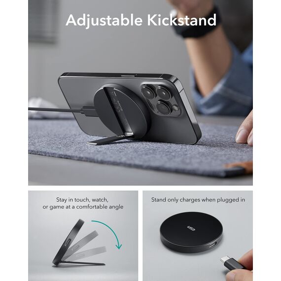 ESR für Magsafe Ladegerät, Wireless Charger mit Ständer für iPhone 17/17e/16/15/14/13/12, AirPods 4/3/2 Pro, Samsung S26, Induktive Ladestation mit 1,5m Verstärktem Nylonkabel,Schwarz (Ohne Netzteil)