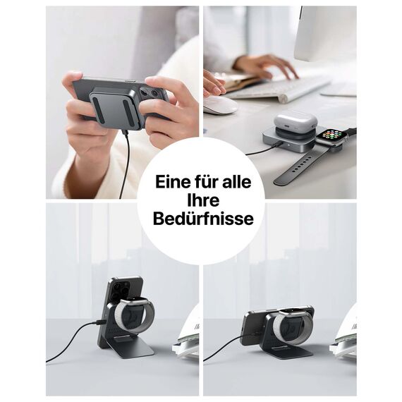 Mag-Safe Ladestation,Tragbares Ladegerät für Apple Watch und iPhone, induktive Ladestation Reisen kompatibel mit iPhone 16 15 14 13 12 iWatch Serie, Wireless Charger für Airp0ds Pro 3 2 (Grau)