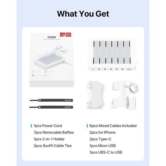 SooPii USB Ladestation 60W/12A,6-Port Dockingstation für mehrfach Geräte with PD 20W Schnellladung für lPhone 14/13,2-In-1 I Watch Holder, 6 Kabel Included für Telefone,Tablets und andere Geräte