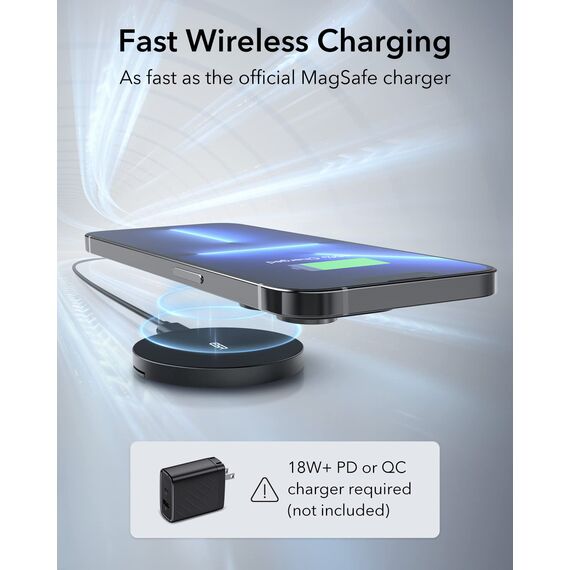 ESR für Magsafe Ladegerät, Wireless Charger mit Ständer für iPhone 17/17e/16/15/14/13/12, AirPods 4/3/2 Pro, Samsung S26, Induktive Ladestation mit 1,5m Verstärktem Nylonkabel,Schwarz (Ohne Netzteil)