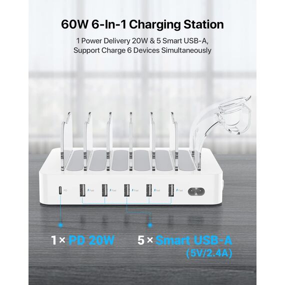 SooPii USB Ladestation 60W/12A,6-Port Dockingstation für mehrfach Geräte with PD 20W Schnellladung für lPhone 14/13,2-In-1 I Watch Holder, 6 Kabel Included für Telefone,Tablets und andere Geräte