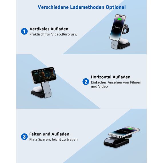 3 in 1 Faltbar Ladegerät, Induktive Kabelloses Ladestation für iPhone 16/15/14/13/12/Plus/Pro Max/Mini,Wireless Charger für Apple Watch 9/8/7/6/SE/5/4/3/2, AirPods Pro/2/3 (mit Adapter)