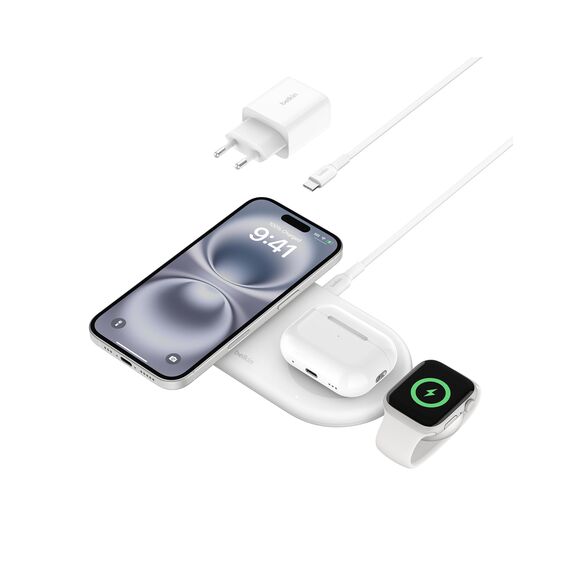 Belkin BoostCharge Pro kabellose 3-in-1-Ladestation mit magnetischem Qi2, 15 W, Schnellladegerät, Wireless Charger kompatibel mit den iPhone-Serien 16, AirPods, Apple Watch usw. – Weiß