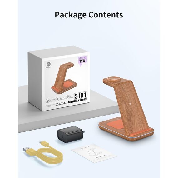 JoyGeek 3 in 1 Induktive Ladestation für Samsung, Wireless Charger für Samsung S26/S25/S24/S23/ZFlip/Fold, Induktionsladegerät für Galaxy Watch Ultra/8-4, Kabelloses Ladegerät für Galaxy Buds-Bambus