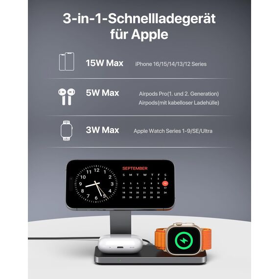 Induktive Ladestation Kompatibel mit Magsafe Ladegerät,QTlier 3 in 1 iPhone Ladestation für Air 17/16/15/14/13/12 Serie,20W Wireless Charger für Apple Watch 10/9/8/7/6/5/4/3 und AirPods (Schwarz)