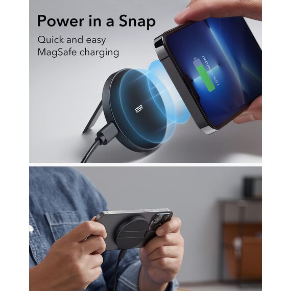 ESR für Magsafe Ladegerät, Wireless Charger mit Ständer für iPhone 17/17e/16/15/14/13/12, AirPods 4/3/2 Pro, Samsung S26, Induktive Ladestation mit 1,5m Verstärktem Nylonkabel,Schwarz (Ohne Netzteil)