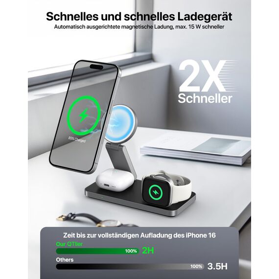 Induktive Ladestation Kompatibel mit Magsafe Ladegerät,QTlier 3 in 1 iPhone Ladestation für Air 17/16/15/14/13/12 Serie,20W Wireless Charger für Apple Watch 10/9/8/7/6/5/4/3 und AirPods (Schwarz)