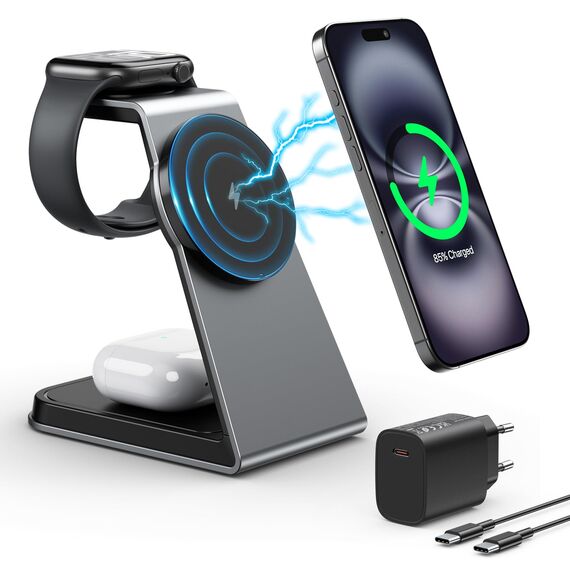 Mag-Safe Ladestation 3 IN 1, Ladegerät kompatibel mit App1e Watch und iPh0ne, Induktive Ladestation auch geeignet für Airp0ds Pro 3 2,Ladegerät kompatibel mit iPh0ne 16 15 14 13 12Serie(Grau)