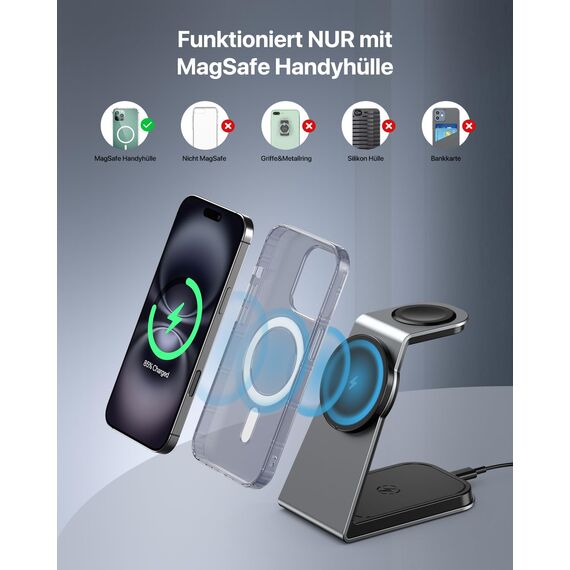Mag-Safe Ladestation 3 IN 1, Ladegerät kompatibel mit App1e Watch und iPh0ne, Induktive Ladestation auch geeignet für Airp0ds Pro 3 2,Ladegerät kompatibel mit iPh0ne 16 15 14 13 12Serie(Grau)