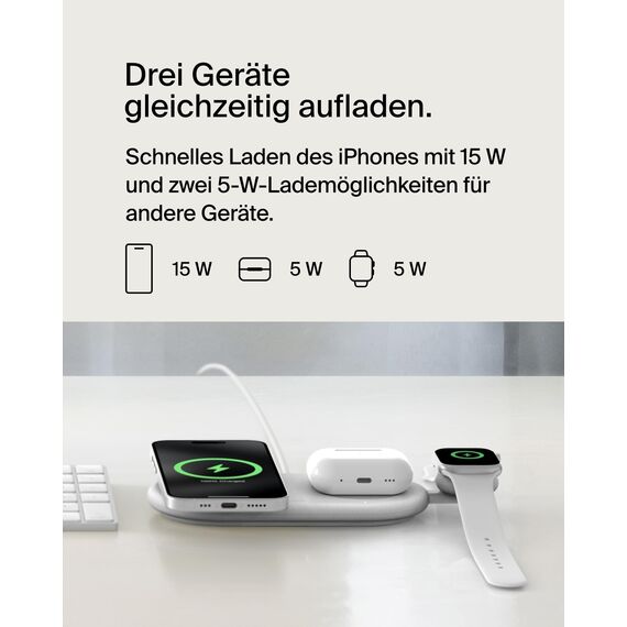 Belkin BoostCharge Pro kabellose 3-in-1-Ladestation mit magnetischem Qi2, 15 W, Schnellladegerät, Wireless Charger kompatibel mit den iPhone-Serien 16, AirPods, Apple Watch usw. – Weiß