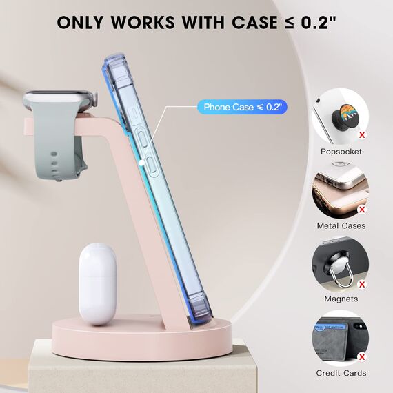 3 in 1 für iPhone Ladestation Schnelles Kabelloses Ladegerät - Wireless Charger für iPhone 17 Air 16e 16 15 14 13 12 11 X Pro Max & für Apple Watch und für Air Pods 4 3 2 Pro mit 18W Adapter (Rosa)