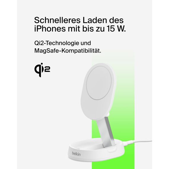 Belkin BoostCharge Pro induktive Ladestation 15W, Qi2-Ladegerät, kabelloses Ladegerät, kompatibel mit MagSafe, kabelloses Qi2-Ladestation für Apple iPhone 16/15/14/13/12, AirPods Pro – Weiß