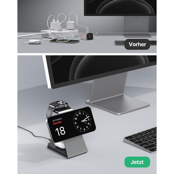 Mag-Safe Ladestation 3 IN 1, Ladegerät kompatibel mit App1e Watch und iPh0ne, Induktive Ladestation auch geeignet für Airp0ds Pro 3 2,Ladegerät kompatibel mit iPh0ne 16 15 14 13 12Serie(Grau)