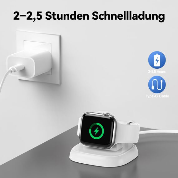 LVFAN Ladegerät für Apple Watch, iWatch Ladestation mit USB-C Ladekabel, kabelloser Reiseladegerätehalter, Magnetische Ladestation für Apple Watch 10/9/8/7/6/5/4/3/2/SE/Ultra 2 - Weiß