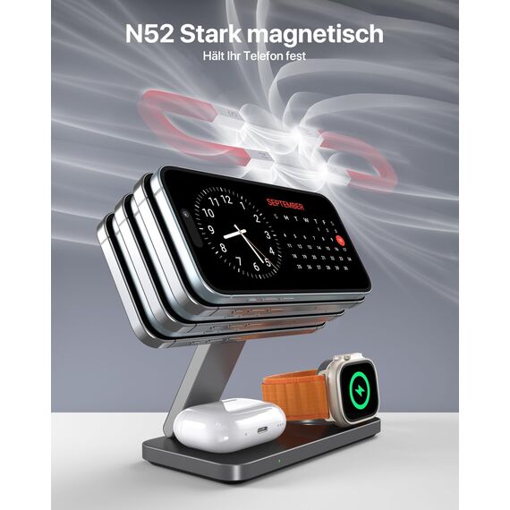 Induktive Ladestation Kompatibel mit Magsafe Ladegerät,QTlier 3 in 1 iPhone Ladestation für Air 17/16/15/14/13/12 Serie,20W Wireless Charger für Apple Watch 10/9/8/7/6/5/4/3 und AirPods (Schwarz)
