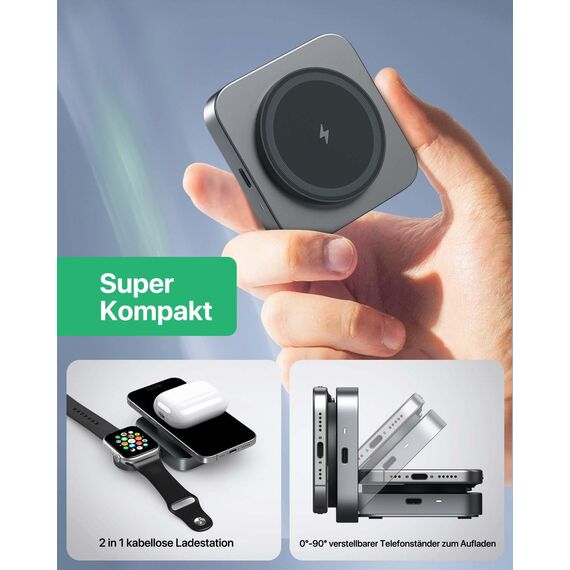 Mag-Safe Ladestation,Tragbares Ladegerät für Apple Watch und iPhone, induktive Ladestation Reisen kompatibel mit iPhone 16 15 14 13 12 iWatch Serie, Wireless Charger für Airp0ds Pro 3 2 (Grau)
