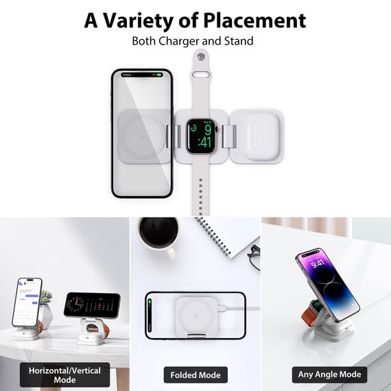 KU XIU Faltbar 3 in 1 Ladestation für Apple Watch und iPhone-kompatibel mit MagSafe Ladegerät Induktive Handy Ladestation-15W Wireless Charger für iPhone 16-12, Watch Ultra2,für AirPods(20W Ladegerät)