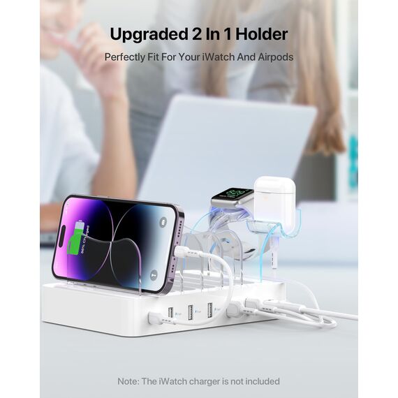 SooPii USB Ladestation 60W/12A,6-Port Dockingstation für mehrfach Geräte with PD 20W Schnellladung für lPhone 14/13,2-In-1 I Watch Holder, 6 Kabel Included für Telefone,Tablets und andere Geräte