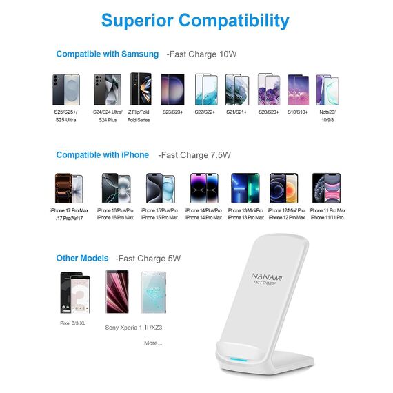 NANAMI Fast Wireless Charger,15W Induktive Ladestation für Samsung Galaxy S26 S25 S24 S23 S22 S21 Ultra Plus,Handy Ständer (mit 20W USB ladegerät PD Adapter) für iPhone 17 16 15 14 13 12 11 Pro Max XR