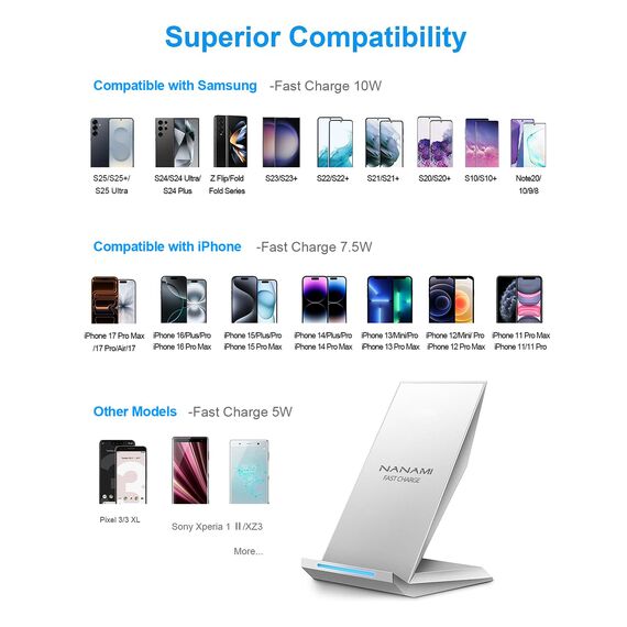 NANAMI Fast Wireless Charger,Induktive Ladestation für iPhone 17 16 15 14 13 12 Pro 11 XS Max XR X 8+,kabelloses Ladegerät Phone Charger Handy ladestation Schnell für Samsung Galaxy S26 S25 S24 S23
