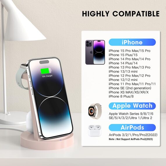 3 in 1 für iPhone Ladestation Schnelles Kabelloses Ladegerät - Wireless Charger für iPhone 17 Air 16e 16 15 14 13 12 11 X Pro Max & für Apple Watch und für Air Pods 4 3 2 Pro mit 18W Adapter (Rosa)
