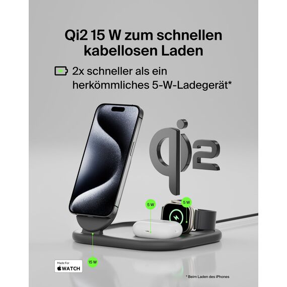 Belkin BoostCharge Ladegerät induktive 3-in-1 Ladestation Qi2, 15 W, klappbar MagSafe-kompatibles Ständer für Apple iPhone 17, Air, Pixelsnap, Apple Watch, AirPods, mit Netzteil – Schwarz