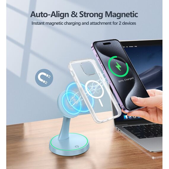 Induktive Ladestation Kompatibel mit Mag Safe Ladegerät,OANDYS 2 in 1 15W Schnelles iPhone Ladestation für iPhone 17/16/15/14/13/12Serie und für AirPods,Wireless Charger mit schlaffreundlichem Licht