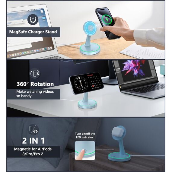 Induktive Ladestation Kompatibel mit Mag Safe Ladegerät,OANDYS 2 in 1 15W Schnelles iPhone Ladestation für iPhone 17/16/15/14/13/12Serie und für AirPods,Wireless Charger mit schlaffreundlichem Licht