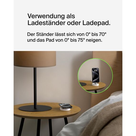 Belkin BoostCharge Pro induktive Ladestation 15W, Qi2-Ladegerät, kabelloses Ladegerät, kompatibel mit MagSafe, kabelloses Qi2-Ladestation für Apple iPhone 16/15/14/13/12, AirPods Pro – Weiß