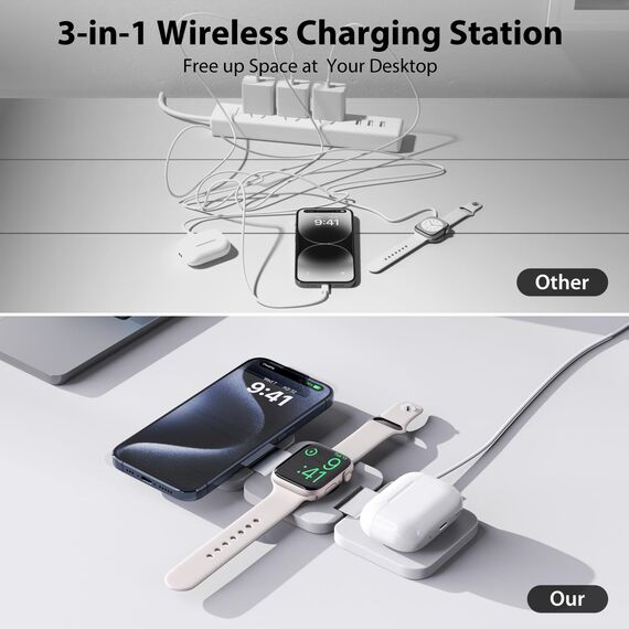 KU XIU Faltbar 3 in 1 Ladestation für Apple Watch und iPhone-kompatibel mit MagSafe Ladegerät Induktive Handy Ladestation-15W Wireless Charger für iPhone 16-12, Watch Ultra2,für AirPods(20W Ladegerät)
