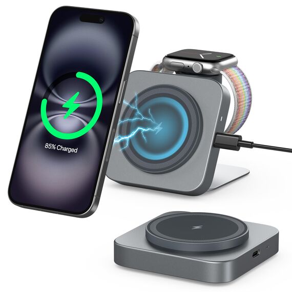Mag-Safe Ladestation,Tragbares Ladegerät für Apple Watch und iPhone, induktive Ladestation Reisen kompatibel mit iPhone 16 15 14 13 12 iWatch Serie, Wireless Charger für Airp0ds Pro 3 2 (Grau)