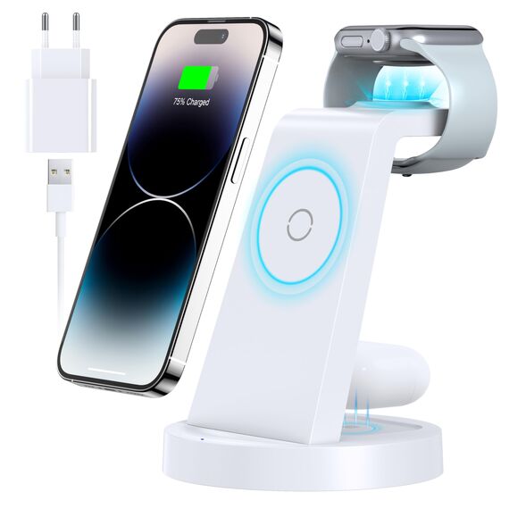 3 in 1 für iPhone Ladestation Schnelles Kabelloses Ladegerät - Wireless Charger für iPhone 17 Air 16e 16 15 14 13 12 11 X Pro Max & für Apple Watch und für Air Pods 4 3 2 Pro mit 18W Adapter (Weiß)
