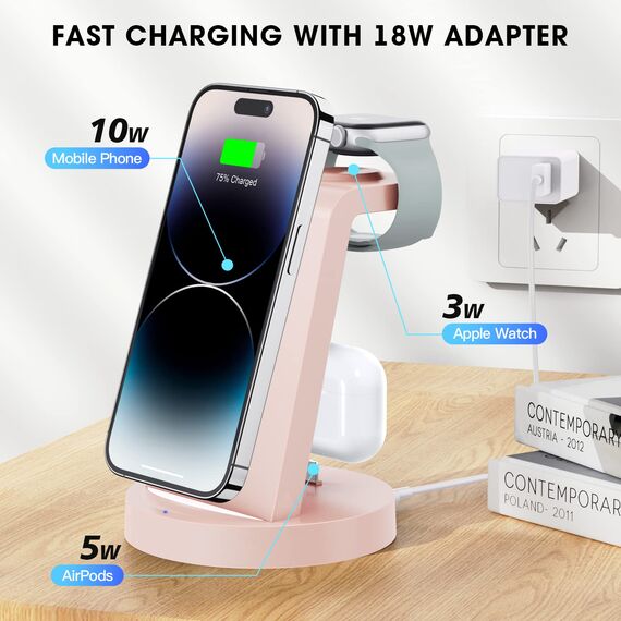 3 in 1 für iPhone Ladestation Schnelles Kabelloses Ladegerät - Wireless Charger für iPhone 17 Air 16e 16 15 14 13 12 11 X Pro Max & für Apple Watch und für Air Pods 4 3 2 Pro mit 18W Adapter (Rosa)