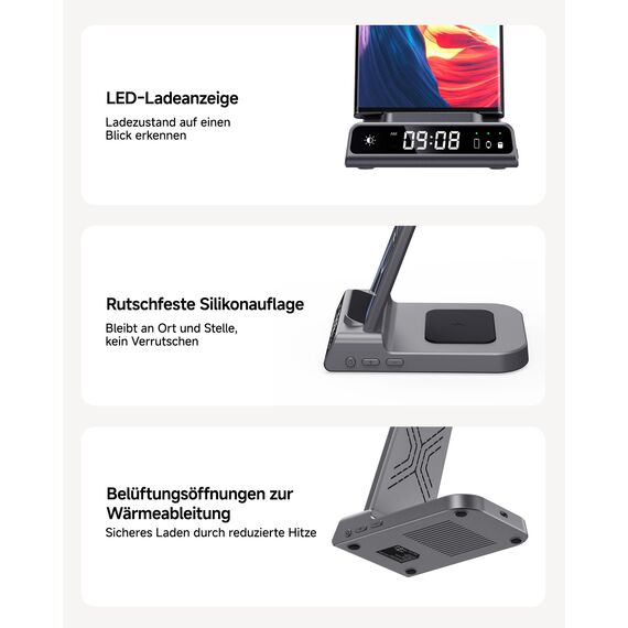 Induktive Ladestation für Samsung, 2025 Upgrade Kabelloses Ladegerät 3 in 1 für Galaxy Watch 8/Ultra/7/6/5, Wireless Charger für Samsung S25 Ultra/S24/S23/S22/Note/Z Fold 6/Z Flip 7/Galaxy Buds 3/Pro