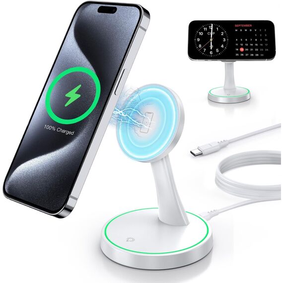Induktive Ladestation Kompatibel mit Mag Safe Ladegerät,OANDYS 2 in 1 15W Schnelles iPhone Ladestation für iPhone 17/16/15/14/13/12Serie und für AirPods,Wireless Charger mit schlaffreundlichem Licht
