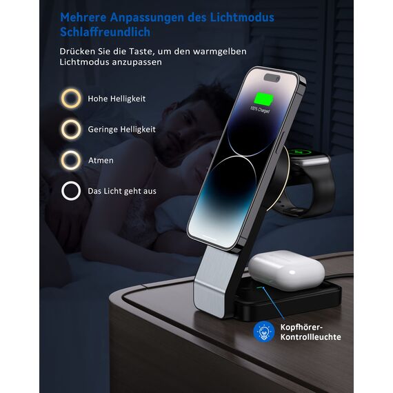 3 in 1 Faltbar Ladegerät, Induktive Kabelloses Ladestation für iPhone 16/15/14/13/12/Plus/Pro Max/Mini,Wireless Charger für Apple Watch 9/8/7/6/SE/5/4/3/2, AirPods Pro/2/3 (mit Adapter)