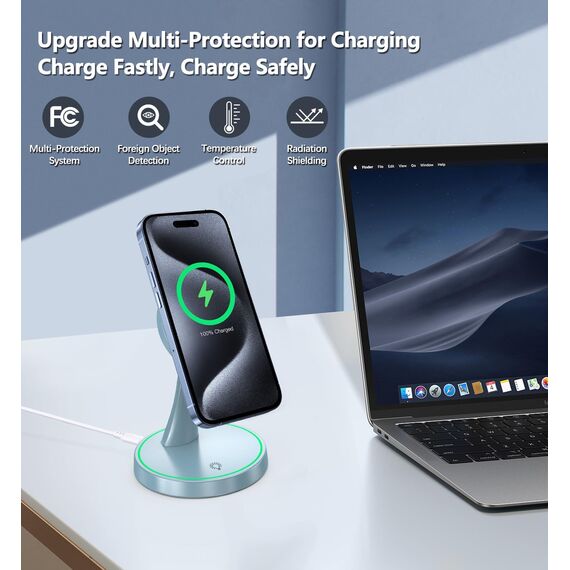 Induktive Ladestation Kompatibel mit Mag Safe Ladegerät,OANDYS 2 in 1 15W Schnelles iPhone Ladestation für iPhone 17/16/15/14/13/12Serie und für AirPods,Wireless Charger mit schlaffreundlichem Licht