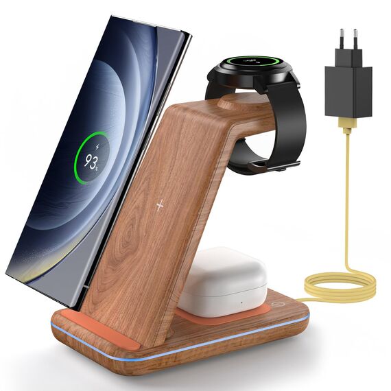 JoyGeek 3 in 1 Induktive Ladestation für Samsung, Wireless Charger für Samsung S26/S25/S24/S23/ZFlip/Fold, Induktionsladegerät für Galaxy Watch Ultra/8-4, Kabelloses Ladegerät für Galaxy Buds-Bambus