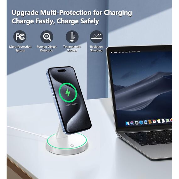 Induktive Ladestation Kompatibel mit Mag Safe Ladegerät,OANDYS 2 in 1 15W Schnelles iPhone Ladestation für iPhone 17/16/15/14/13/12Serie und für AirPods,Wireless Charger mit schlaffreundlichem Licht