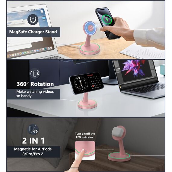 Induktive Ladestation Kompatibel mit Mag Safe Ladegerät,OANDYS 2 in 1 15W Schnelles iPhone Ladestation für iPhone 17/16/15/14/13/12Serie und für AirPods,Wireless Charger mit schlaffreundlichem Licht