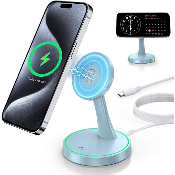 Induktive Ladestation Kompatibel mit Mag Safe Ladegerät,OANDYS 2 in 1 15W Schnelles iPhone Ladestation für iPhone 17/16/15/14/13/12Serie und für AirPods,Wireless Charger mit schlaffreundlichem Licht