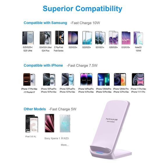 NANAMI Fast Wireless Charger, 15W Induktive Ladestation für Samsung Galaxy S26 S25 S24 S23 S22 Ultra Plus,Handy Ständer (mit 20W USB ladegerät PD Adapter) für iPhone 17 16 15 14 13 12 11 Pro Max XR