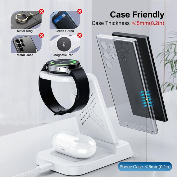 Induktive Ladestation für Samsung S25 Ultra, 3 in 1 Wireless Charger für Samsung Galaxy Watch 8/8 Classic/Ultra/7/6/5, Kabelloses Ladegerät für Galaxy S25/S24/S23/Z Flip 7/Fold 6, Galaxy Buds 3/3 Pro