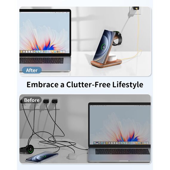 JoyGeek 3 in 1 Induktive Ladestation für Samsung, Wireless Charger für Samsung S26/S25/S24/S23/ZFlip/Fold, Induktionsladegerät für Galaxy Watch Ultra/8-4, Kabelloses Ladegerät für Galaxy Buds-Bambus