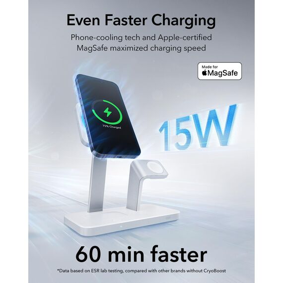 ESR 3 in 1 Ladestation für Apple Watch und iPhone, 3 in 1 Magsafe ladestation, Induktive Ladestation für iPhone 17e/17/16/15/14/13, für Apple Watch/AirPods 4/3/Pro, Weiß