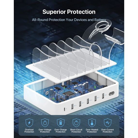 SooPii USB Ladestation 60W/12A,6-Port Dockingstation für mehrfach Geräte with PD 20W Schnellladung für lPhone 14/13,2-In-1 I Watch Holder, 6 Kabel Included für Telefone,Tablets und andere Geräte