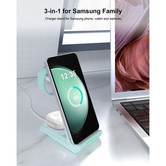 Induktive Ladestation für Samsung，ADADPU Kabelloses Ladegerät 3 in 1 Kompatibel für Galaxy Watch 8/7/6/5/5 Pro/4/3/Active 2，Wireless Charger für Samsung S25 S24 S23 S22 Ultra S21 Note 20 Galaxy Buds